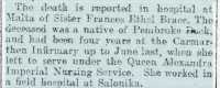 Report of the death of Frances  Ethel Brace, Herald of Wales 30th September 1918