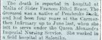Newspaper report Report of the death of Frances Ethel Brace, Herald of Wales 30th September 1918
