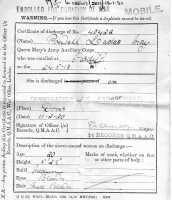 Certificate of discharge from the QMAAC on Termination of Engagement, 20.2.1920