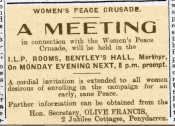 Advertisement for meeting in connection with the Women's Peace Crusade, Pioneer 28 July 1917